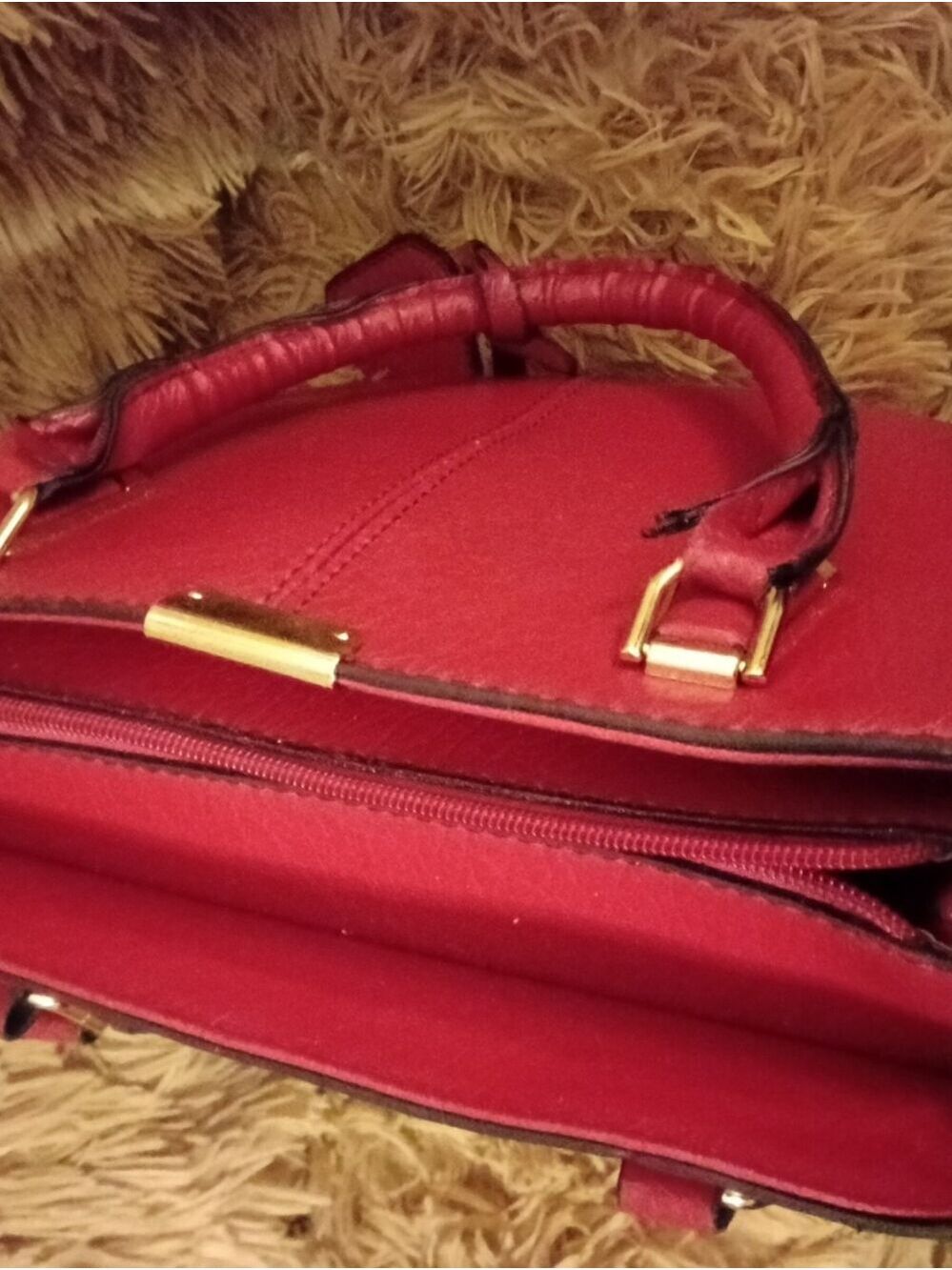 Red Structured Satchel Tote Handbag Faux Leather Top Handle Purse Gold Hardware - Picture 6 of 10